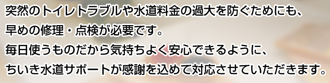 突然のトイレトラブルや水道料金の過大を防ぐためにも、早めの修理・点検が必要です。毎日使うものだから気持ちよく安心できるように、ちいき水道サポートが感謝を込めて対応させていただきます。