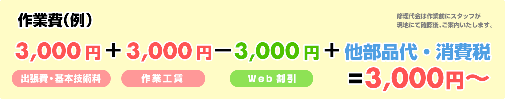 作業例：出張費1,000円+作業技術料5,000円－Web割引3,000円+他部品代・消費税　修理代金は作業前にスタッフが現地にて確認後、ご案内いたします。